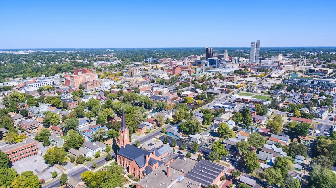 Aerial view of Fort Wayne, Indiana with downtown in the distance