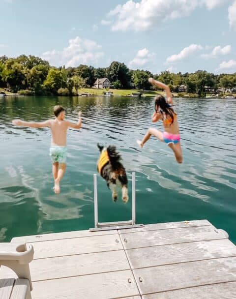 Brother, sister, and Bernedoodle puppy jumping off dock into lake