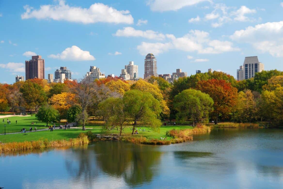 Central Park, NYC with Manhattan city skyscrapers in background